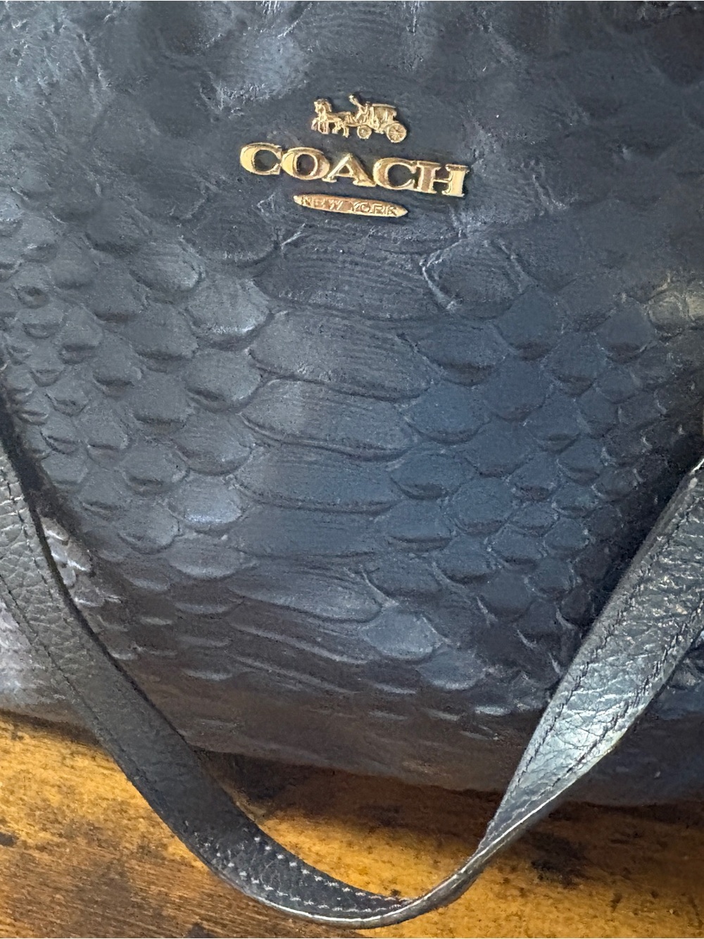 Coach Python embossed Blue MetallicTextured Leather Tote with Gold Logo